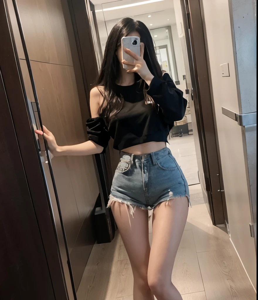 masterpiece, best quality best, 1 girl, solo, fear, scream,iPhone 13 ,whole body,selfie, leg,stand, look up, whole body비언, , holding a weapon, (Grabbing the torso, Tickle, mitt, intangible limbs:1.2), TKL,black hair,perm hair