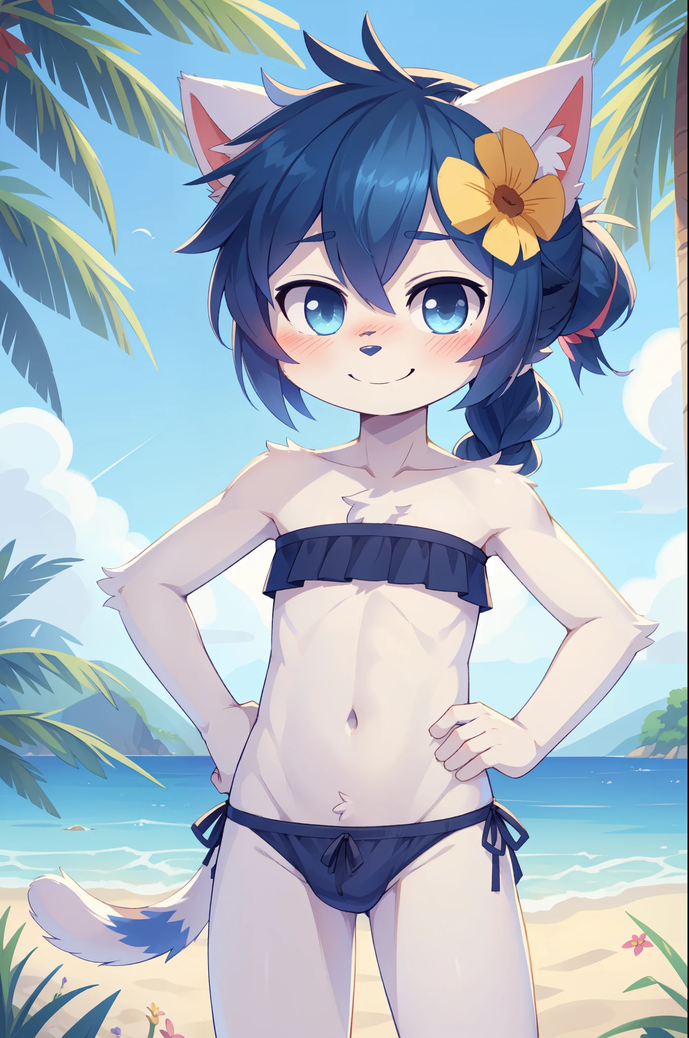 score_9,score_8_up,score_7_up, source_cartoon, source_furry, cat boy, cat tail, dark blue hair, hair over one eye, high long braid ponytail with volume, spike side hair, furry, blush, looking at viewer, smile, 1boy, cat ears, furry male, white body fur, ((flower on hair, dark blue strapless fringed bandeau bikini)), beach, clear sky, blue eyes, blush, navel, femboy, cute, looking at viewer, skinny, standing, hands on hips, uperbody,