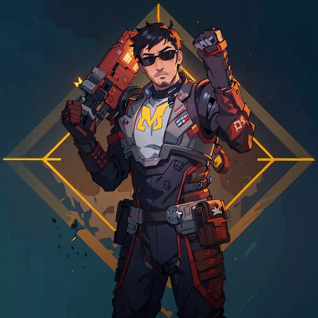 a man in a futuristic suit holding a gun and raising his other hand in the shape of a fist, He has black glasses and on his chest he has the letter M, Bill Gates en Overwatch, as supervisory character, anime character, omen from valorant, thertrevkaiser, supervisory winston, Haris Nukem, in the style of apex legends, Markiplier, as anime character, valorant jett, as a Fortnite character
