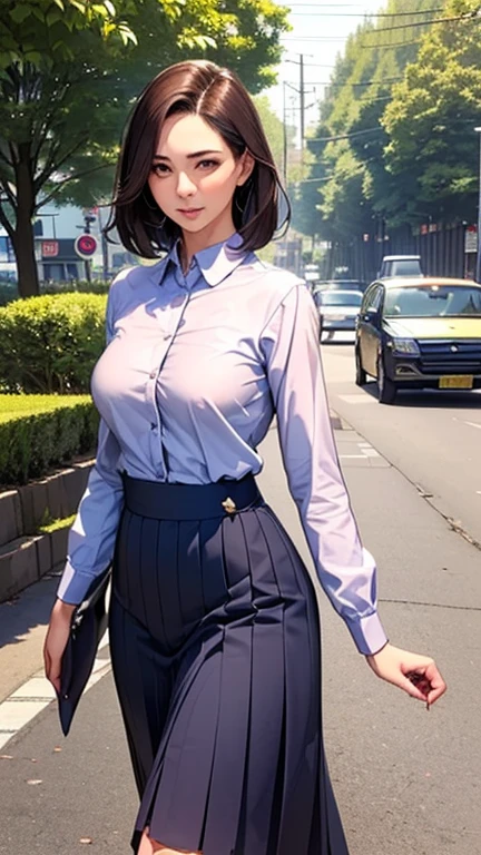 1 Woman, Japanese Woman,(Housewife:1.5),(40 Years Old:1.68),(Attractive Mature Woman:1.66),(Middle Age:1.78),(Small Round Face:1,69),(small breasts:1.5),((graduated haircut)),(Casual, collared cutter shirts, buttons, pleated skirts),(((Cities, streets, trees, sidewalks)))