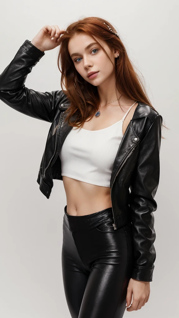 (((Masterpiece))), 25-year-old Caucasian French girl with shoulder-length messy red hair, adorned with  crystal glow, blooming hair akin to . Certainly!

wearing a black leather jacket, white top, black leggings, white background