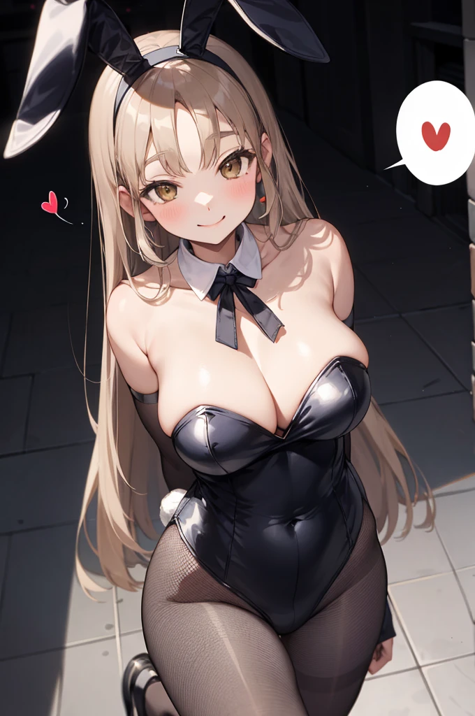 aasister, long hair, bunny girl,bunny suits,leotard,rabbit ears,huge breasts,smile,fishnet pantyhose,shoes,(((spoken heart))),,bare shoulder,collarbone,cleavage,,(((dark room))),church,looking viewer,collar ribbon,elbow glove