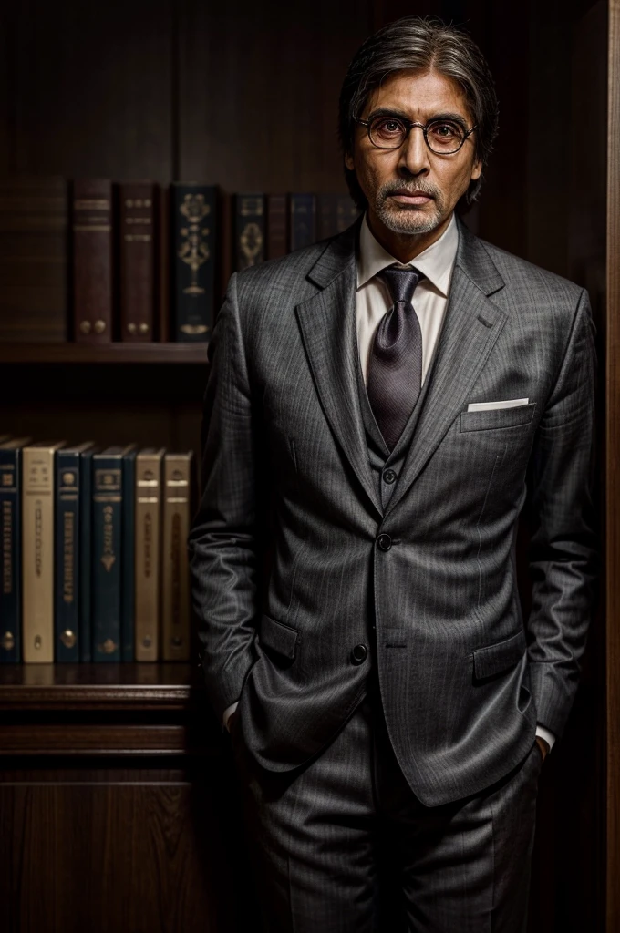 A lawyer resembling Amitabh Bachchan stands in a bustling courtroom:

Facial Features: Deep-set, penetrating eyes convey authority and empathy. High cheekbones and a strong jawline add to his commanding presence.

Expression: A subtle, reassuring smile hints at charisma and determination. His gaze is intense yet warm, capable of discerning truth from falsehood.

Attire: Impeccably dressed in a tailored charcoal suit with a white shirt and silk tie, exuding professionalism and sophistication.

Posture: Stands tall with squared shoulders, radiating confidence and poise.

Background: Surrounding by legal tomes and awards, he embodies a distinguished career dedicated to justice.

