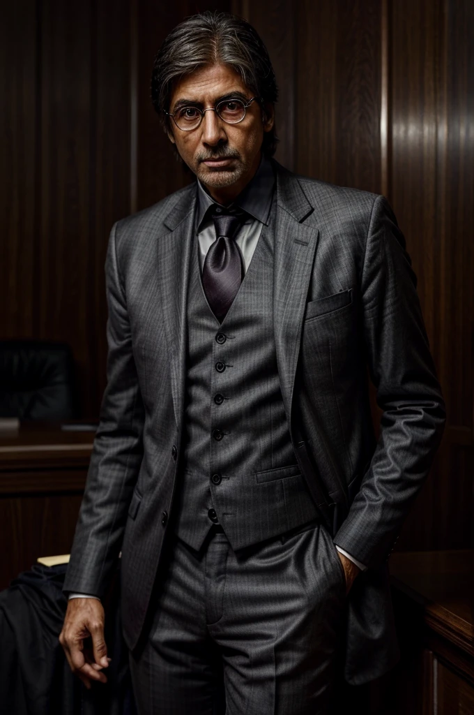 A lawyer resembling Amitabh Bachchan stands in a bustling courtroom:

Facial Features: Deep-set, penetrating eyes convey authority and empathy. High cheekbones and a strong jawline add to his commanding presence.

Expression: A subtle, reassuring smile hints at charisma and determination. His gaze is intense yet warm, capable of discerning truth from falsehood.

Attire: Impeccably dressed in a tailored charcoal suit with a white shirt and silk tie, exuding professionalism and sophistication.

Posture: Stands tall with squared shoulders, radiating confidence and poise.

Background: Surrounding by legal tomes and awards, he embodies a distinguished career dedicated to justice.

