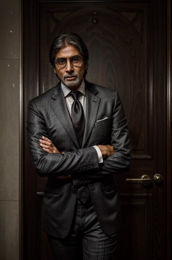 A lawyer resembling Amitabh Bachchan stands in a bustling courtroom:

Facial Features: Deep-set, penetrating eyes convey authority and empathy. High cheekbones and a strong jawline add to his commanding presence.

Expression: A subtle, reassuring smile hints at charisma and determination. His gaze is intense yet warm, capable of discerning truth from falsehood.

Attire: Impeccably dressed in a tailored charcoal suit with a white shirt and silk tie, exuding professionalism and sophistication.

Posture: Stands tall with squared shoulders, radiating confidence and poise.

Background: Surrounding by legal tomes and awards, he embodies a distinguished career dedicated to justice.

