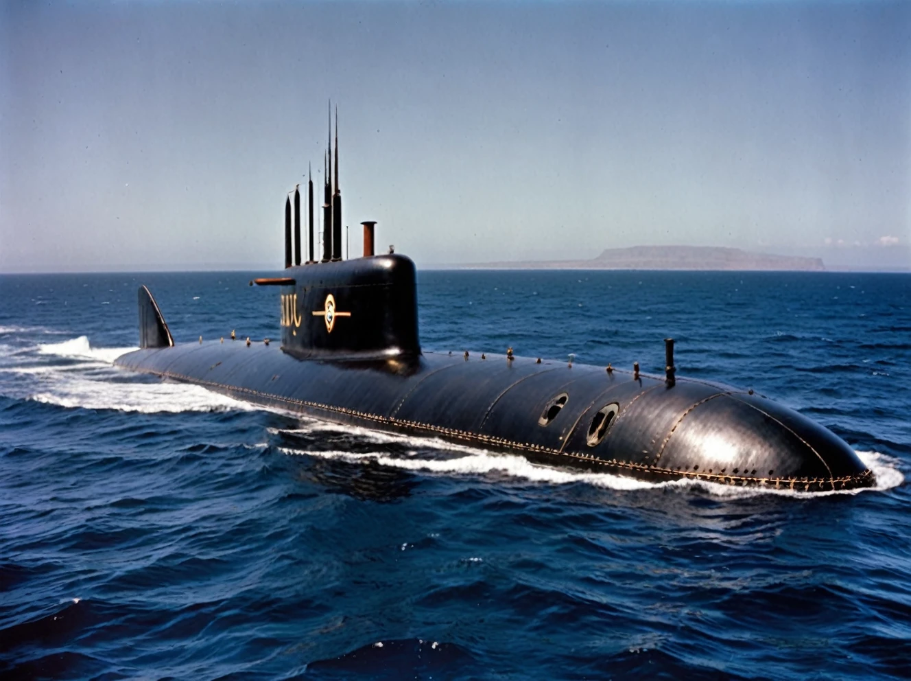photo of the captain nemo submarine in the distance, nautilus submarine on the ocean, coast of Madagascar, Madagascar coast in distance,  outdoors ocean at night, realistic scenery. very wide shot, landscape, film, professional