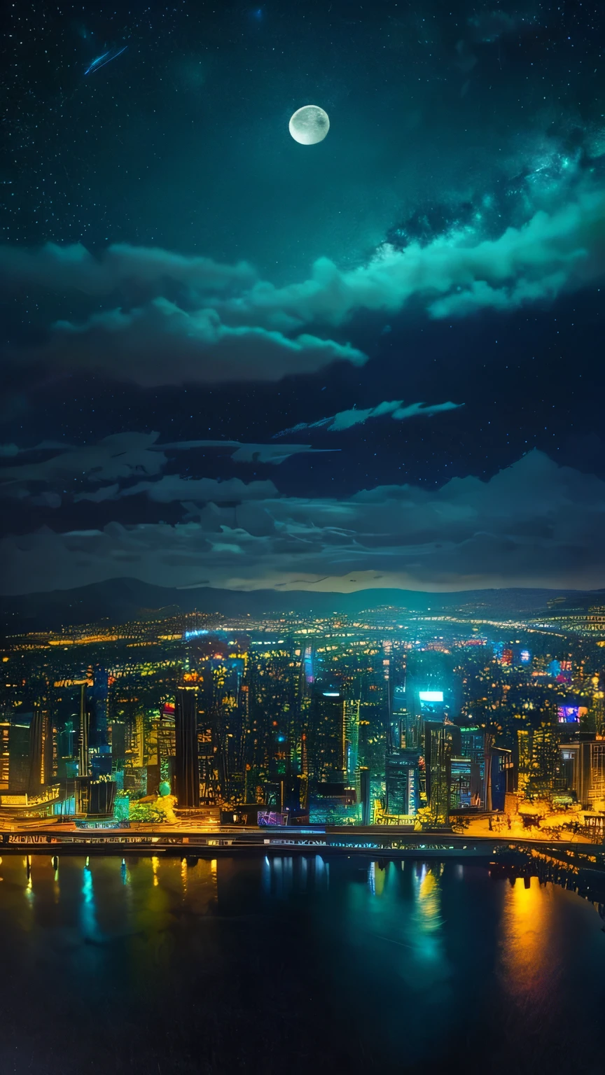 Highest quality、Landscape painting、Neon lights in the city、Starry Sky、moon