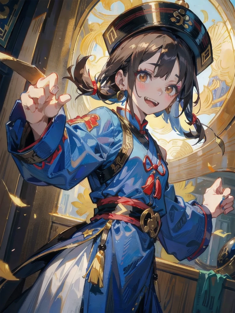 jiangshi, jiangshi costume, hat, talisman, wing, grey skin, colored skin, make up, 1girl, solo, small breasts, brown hair, long hair, brown eyes, blue dress, chinese clothes, long sleeves, detached sleeves, gold earrings, extended arms, exposed shoulders, sandals, teeth, smile chinese palace, seen from below, upper body score_9, score_8_up, score_7_up, score_6_up, score_5_up, score_4_up, BREAK source_anime, masterpiece