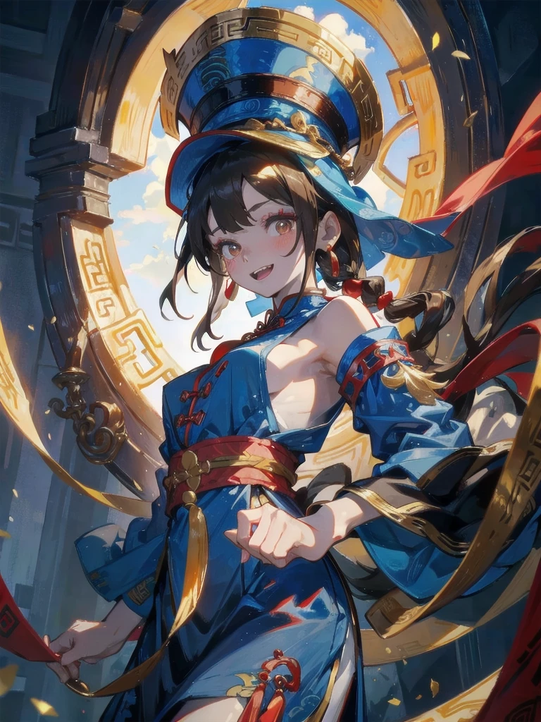 jiangshi, jiangshi costume, hat, talisman, wing, grey skin, colored skin, make up, 1girl, solo, small breasts, brown hair, long hair, brown eyes, blue dress, chinese clothes, long sleeves, detached sleeves, gold earrings, extended arms, exposed shoulders, sandals, teeth, smile chinese palace, seen from below, upper body score_9, score_8_up, score_7_up, score_6_up, score_5_up, score_4_up, BREAK source_anime, masterpiece
