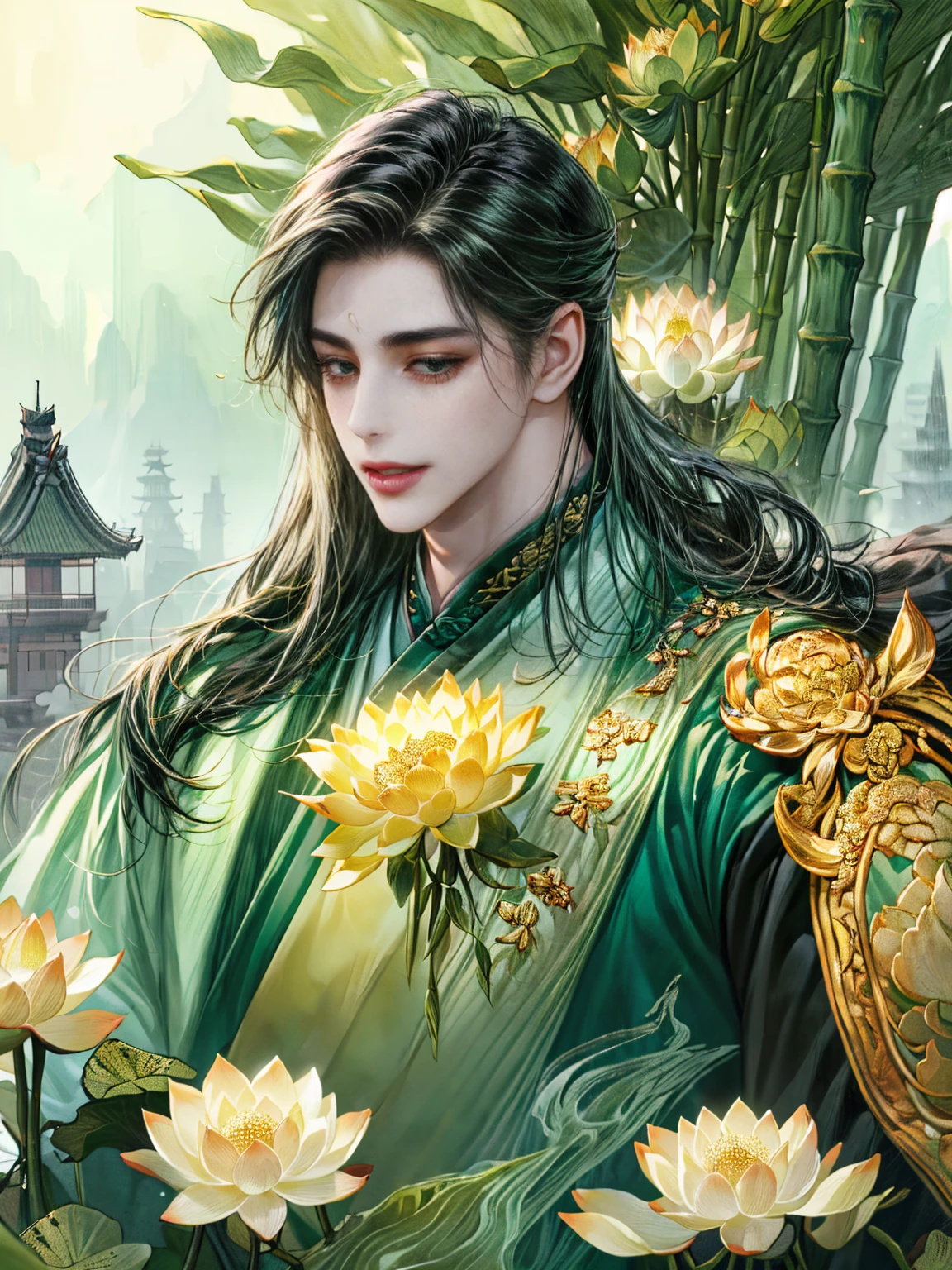(((best quality))),masterpiece,ultra high resolution,extraordinarily beautiful youth, a bright, innocent smile,All green clothing,(absurdres, highres, ultra detailed, HDR), masterpiece, best quality, (1 boy) ,(((1 male,1 men,only one boy,perfect body, fair skin,sexy boy))),((boy 20 year old, green hanfu,green clothing, Chinese shirt style)) ,boy character ,((Thick black long hair)),beautiful face,detailed interior, detailed character,((man)),(in bamboo forest), black hair, smile,(white lotus),from anime The Scum Villain's Self Saving System,1man,the house of ancient China style, pure white lotus,beautiful and cute man ,(long black hair),black eyes,((solo man)),(he has a Big eyes, charming lips, slim nose and small face),(slim figures and no muscle),fragile body,Beautiful slender hands,Beautiful fingers