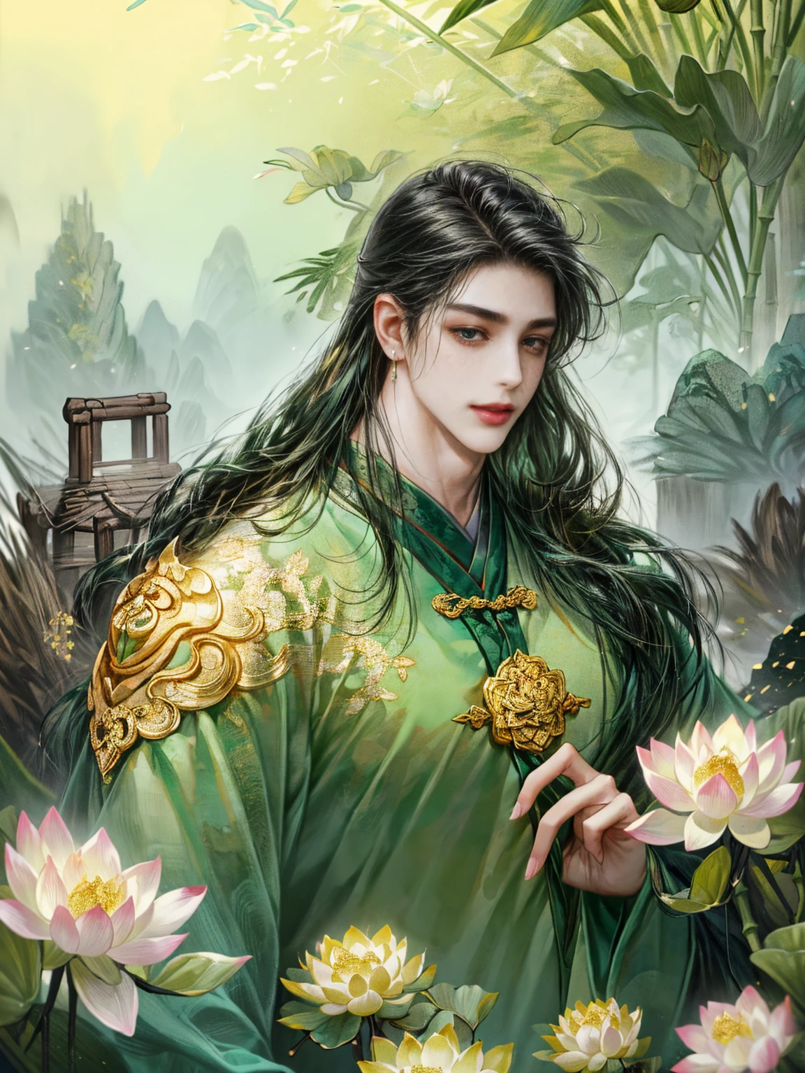 (((best quality))),masterpiece,ultra high resolution,extraordinarily beautiful youth, a bright, innocent smile,All green clothing,(absurdres, highres, ultra detailed, HDR), masterpiece, best quality, (1 boy) ,(((1 male,1 men,only one boy,perfect body, fair skin,sexy boy))),((boy 20 year old, green hanfu,green clothing, Chinese shirt style)) ,boy character ,((Thick black long hair)),beautiful face,detailed interior, detailed character,((man)),(in bamboo forest), black hair, smile,(white lotus),from anime The Scum Villain's Self Saving System,1man,the house of ancient China style, pure white lotus,beautiful and cute man ,(long black hair),black eyes,((solo man)),(he has a Big eyes, charming lips, slim nose and small face),(slim figures and no muscle),fragile body,Beautiful slender hands,Beautiful fingers