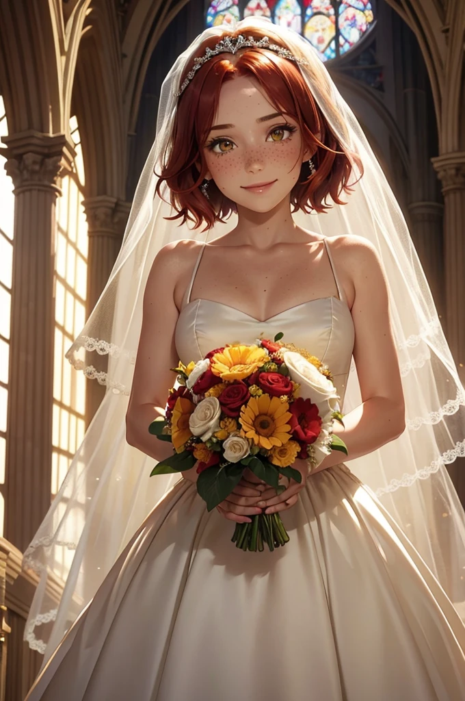 beautiful red haired woman, short hair, tan skin, yellow eyes, freckles, over the top Wedding dress, Veil on the face, Bouquet in hand, smile, tears in my eyes, church, The sunlight that came in is shining
