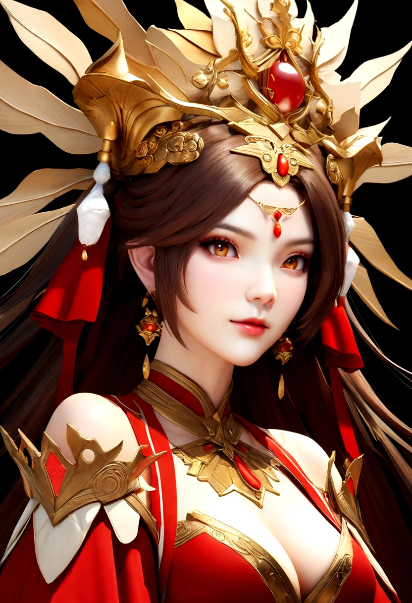 Close-up of a woman in a red dress and gold jewelry,Royal Sister,Superb beauty,a queen,Beautiful and elegant queen, portrait of a queen, Xianxia, a beautiful fantasy empress, xianxia fantasy, Beautiful young wind spirit, inspired by Li Mei-shu, ((a beautiful fantasy empress)), xianxia hero, 3 d anime realistic, full-body xianxia, Smooth anime CG art