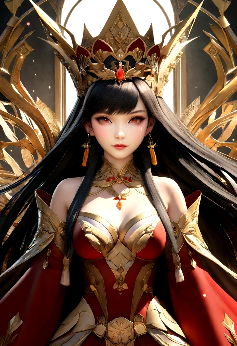 Close-up of a woman in a red dress and gold jewelry，Royal Sister，Superb beauty，a queen，Beautiful and elegant queen, portrait of a queen,  Xianxia, a beautiful fantasy empress, xianxia fantasy, Beautiful young wind spirit, inspired by Li Mei-shu, ((a beautiful fantasy empress)), xianxia hero, 3 d anime realistic, full-body xianxia, Smooth anime CG art