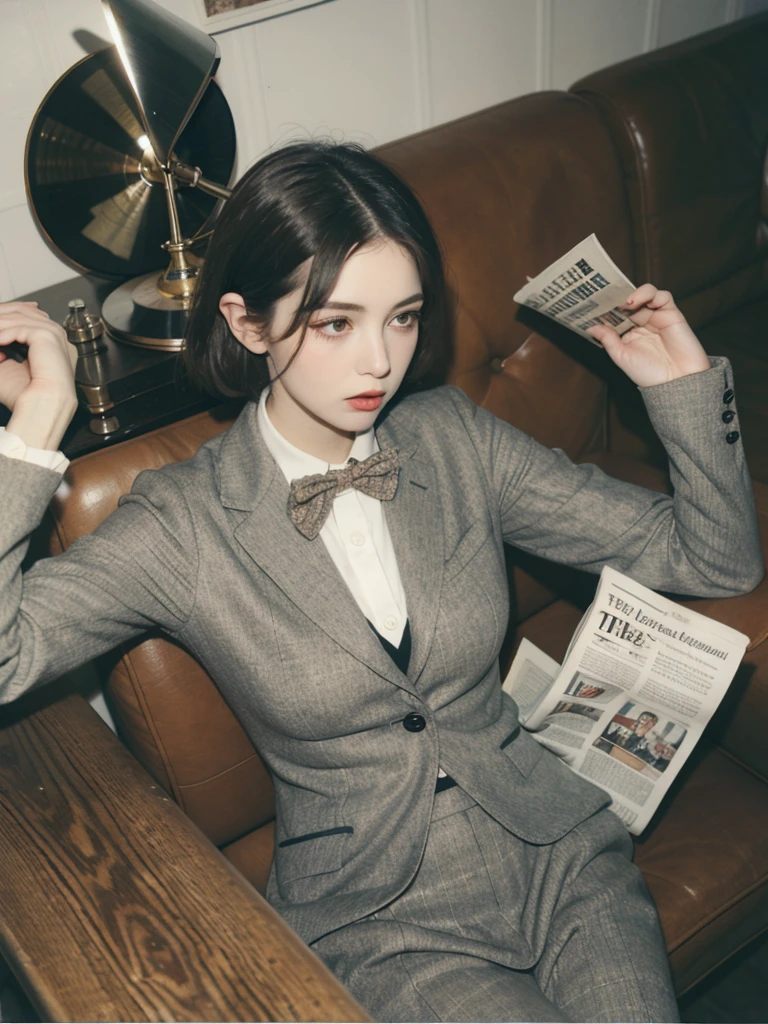 1920s 20ho girl in a tweed suit and bow tie, reading a newspaper in a vintage cafe with antique furniture, a phonograph playing in the corner.