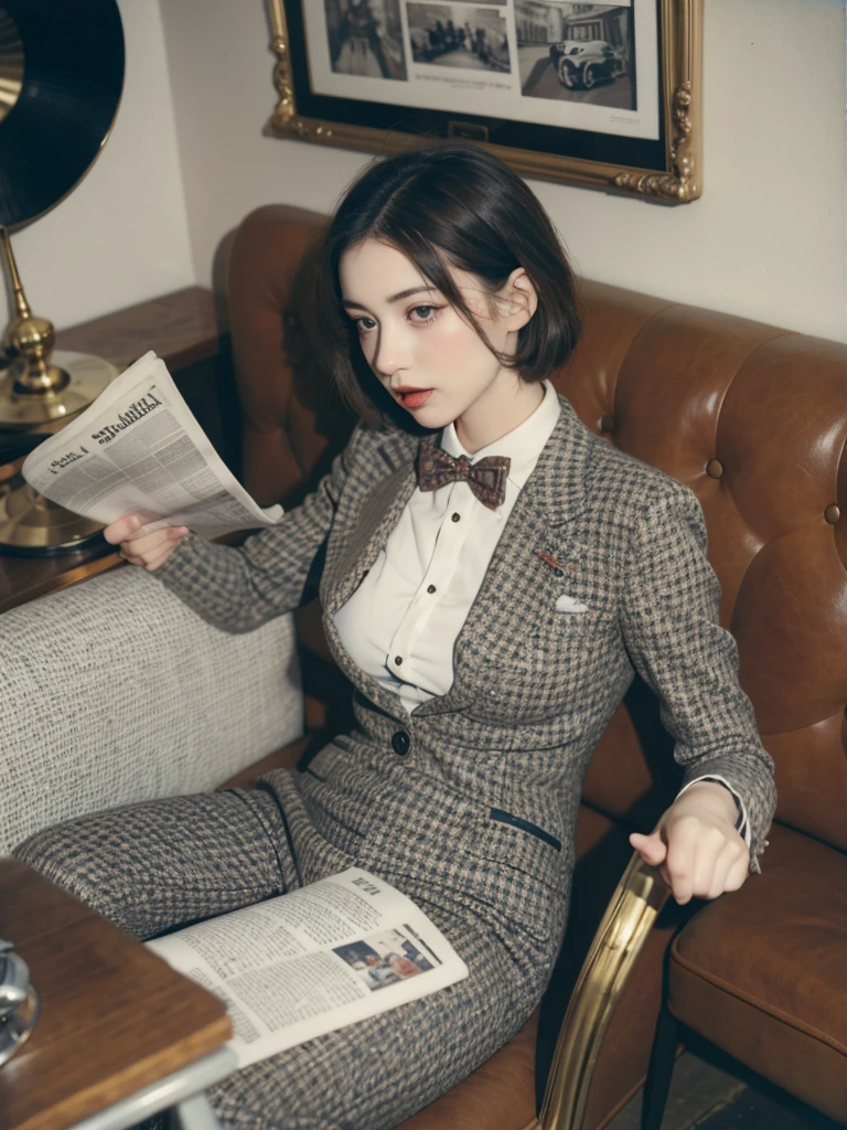 1920s 20ho girl in a tweed suit and bow tie, reading a newspaper in a vintage cafe with antique furniture, a phonograph playing in the corner.