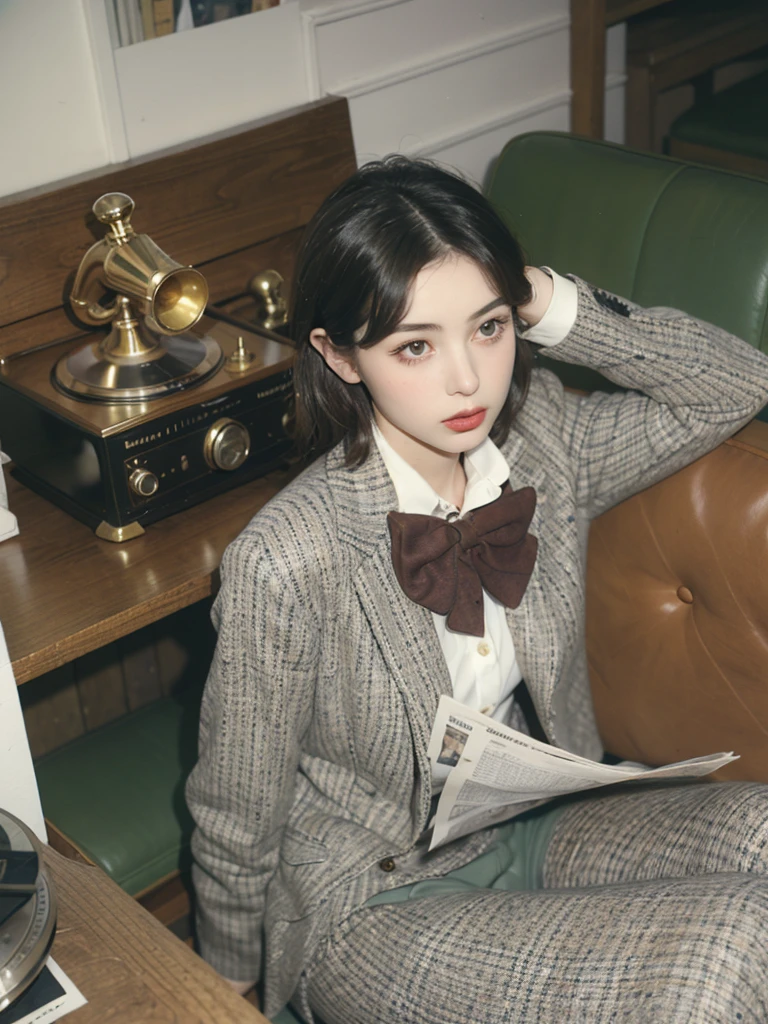 1920s 20ho girl in a tweed suit and bow tie, reading a newspaper in a vintage cafe with antique furniture, a phonograph playing in the corner.