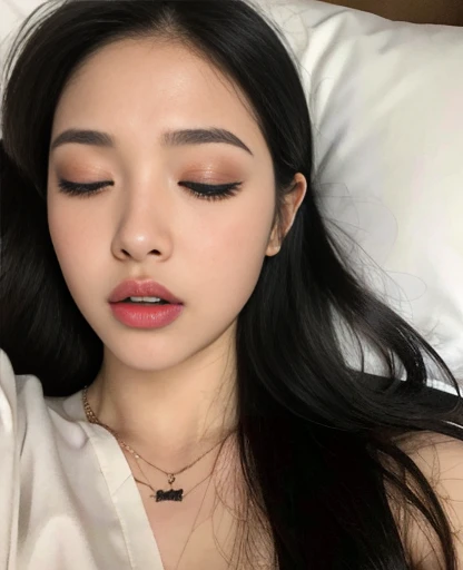 (NSFW),((Highest quality, 8K, masterpiece,whole body photos: 1.3)). ((Thai Model Adult Magazine)), Beautiful woman with perfect figure :1.4, Slim abs :1.2, ((Very long, unkempt black hair、Long black hair that spreads across the bed、Long black hair that covers the body、necklace)), Highly detailed face, Highly detailed lips, Fine grain, double eyelid, Makeup face. Orange lipstick、Long and beautiful eyelashes,Sweaty skin、Wet Skin,
((Micro Panties)), ((sexy shirt)), Long legs_whole body. sleep. Lying on your back. Close your eyes. sleep. Open your mouth Lying on your back. Close your eyes. sleep. Open your mouth Lying on your back. Close your eyes. On the bed, sexy posa