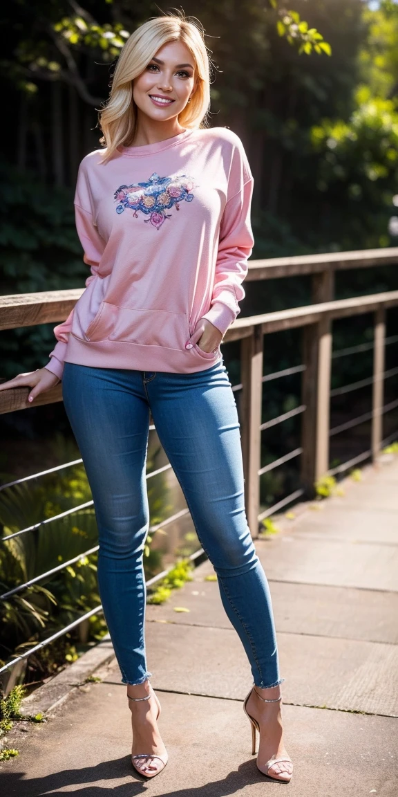Allie Dunn, blond hair, (pink sweatshirt), (blue pants), (high heels), (perfect leggs), (whole body), (posing), (photo pose), (standing on bridge), (confident stance), (alluring allure), (impeccable craftsmanship), (exquisite attention to detail), (smile) (perfect smile), perfect lipps), (perfect teeth), (perfect smile), (irresistible sexiness), (designed to ignite passion), (undeniable sensuality). looking at viewer, smiling, masterpiece, best quality, highly detailed, (Beautiful and detailed eyes), (beautiful and detailed face), Perfect female body, (Best Quality), (ultra-detailed), (master piece), (high resolution), (Original), (the Extremely Detailed CG Unity 8K Wallpapers), big , perfect skin, perfect face, ultra realistic, sexy.