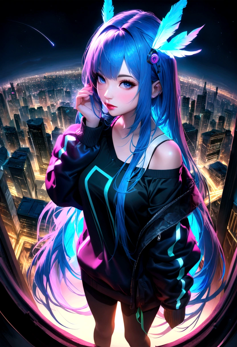 (head of'artwork), best quality, ultra haute résolution, fille, Cyberpunk 1girl flying above'a magnificent cityscape ,sweatshirt à capuche,blue hair, neon colored shooting stars, Very long hair, off shoulder, feather hair ornament, Neon colors, Clignote, stunning night sky, Cinematic lighting, photorealistic, realistic skin, hdr,fish eye