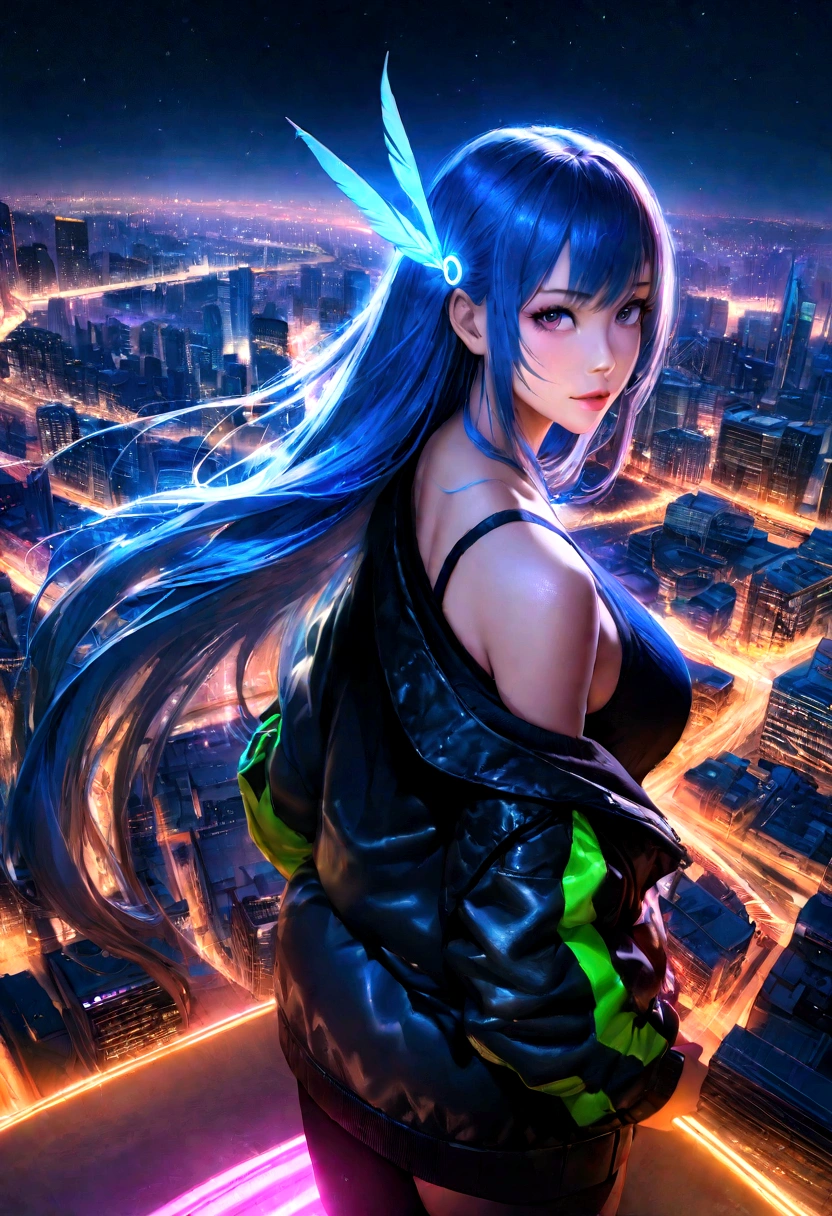 (head of'artwork), best quality, ultra haute résolution, fille, Cyberpunk 1girl flying above'a magnificent cityscape ,sweatshirt à capuche,blue hair, neon colored shooting stars, Very long hair, off shoulder, feather hair ornament, Neon colors, Clignote, stunning night sky, Cinematic lighting, photorealistic, realistic skin, hdr,fish eye