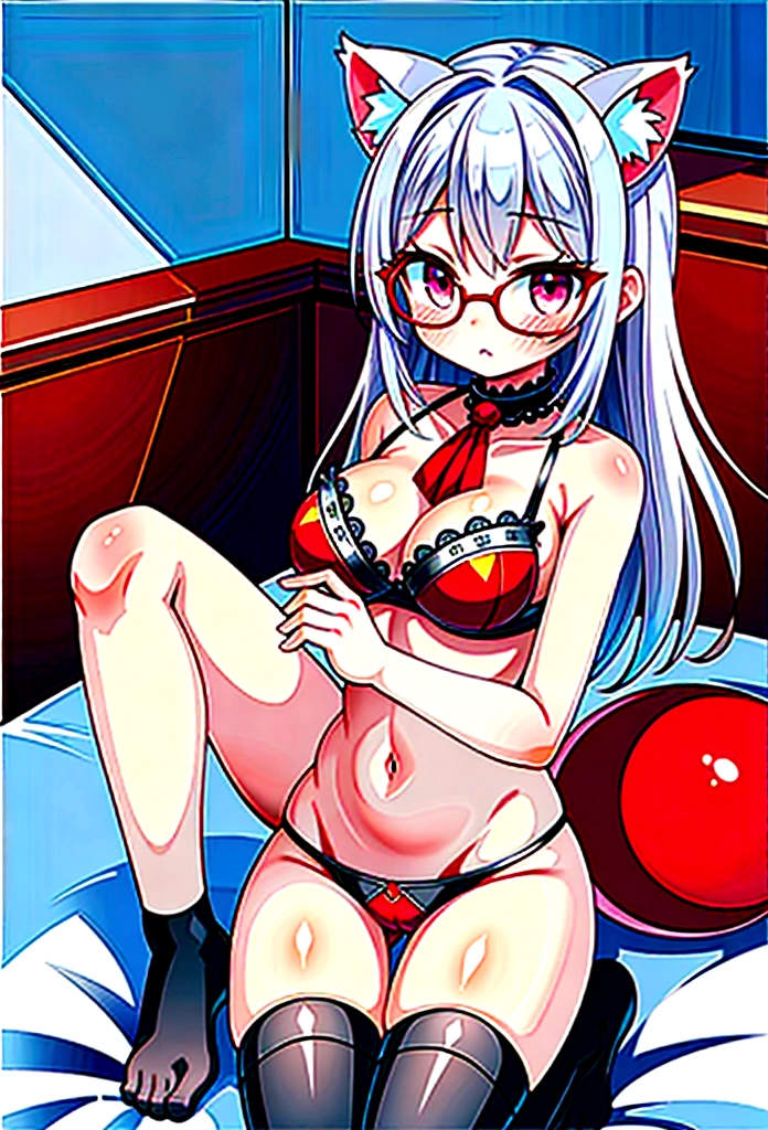 wet white hair cat ears a crown black glasses pink eyes extremely blushing you have put on a bra you are holding the cat's tail you are wearing red underwear a cat's tail with red stockings in your room lying on your bed