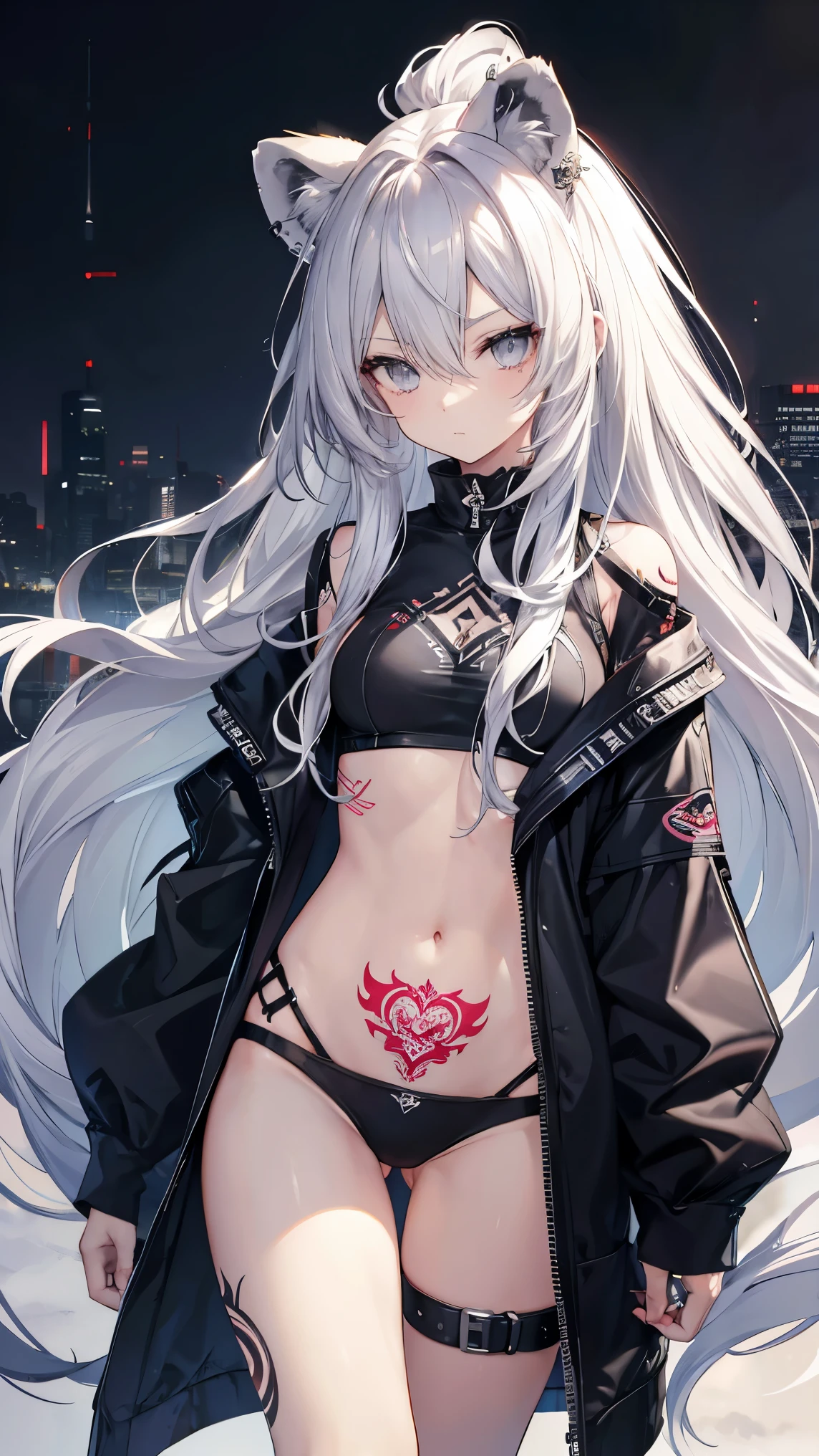 High resolution、Girl、Silver Hair、Long Hair,(),Lion ears、Grey Eyes、Slender、Toned body,punk,,Tattoo,