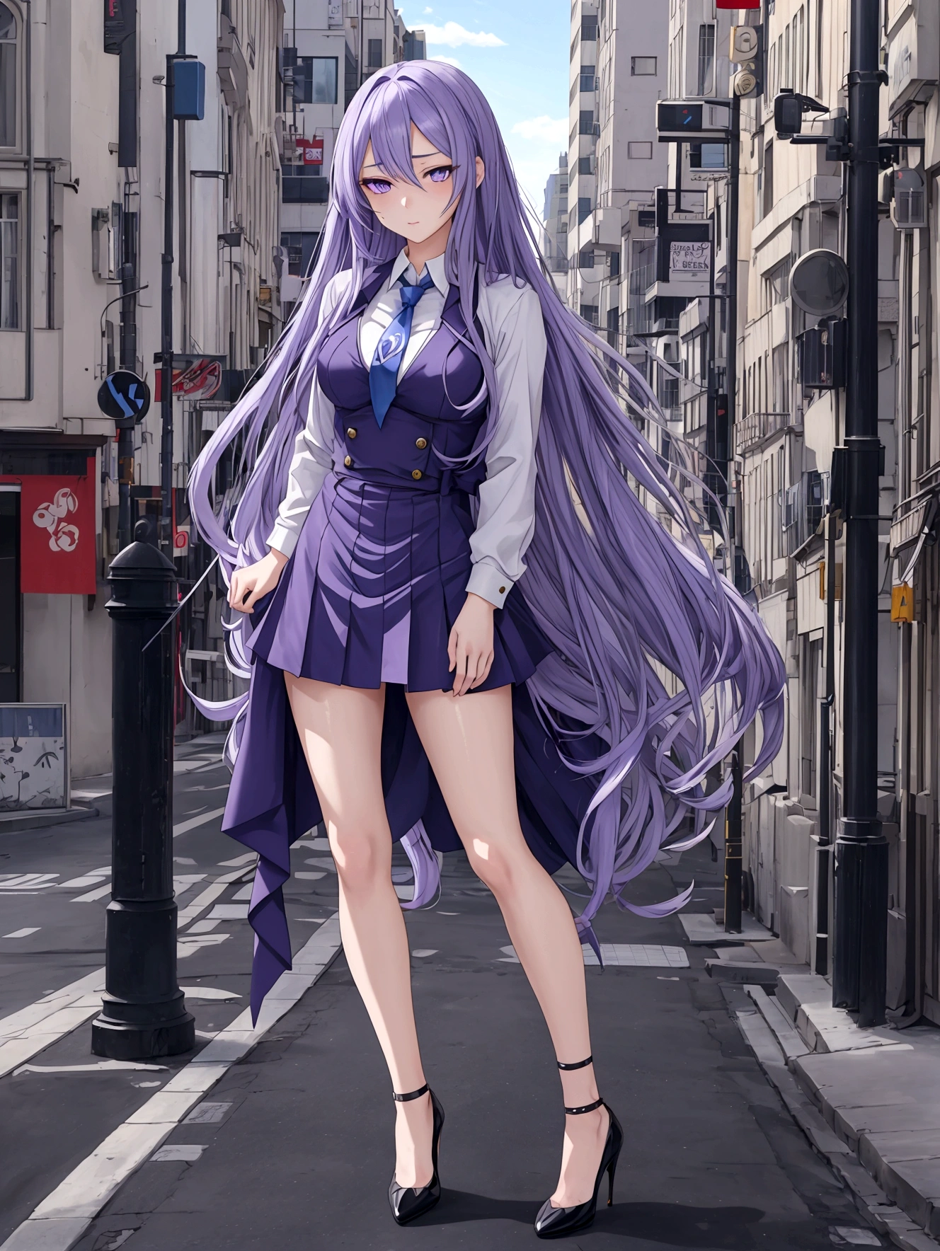 Anime girl with long hair and blue eyes standing on a city street, Purple eyes, Blue tie, beautiful (Fine grain, Detailed face,) Ahegao, Euradev, Noble Temperament, High heels