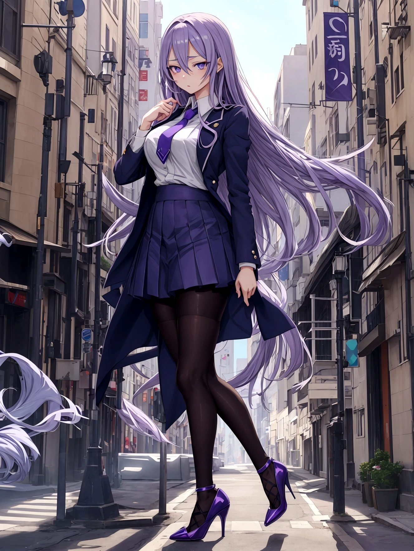 Anime girl with long hair and blue eyes standing on a city street, Purple eyes, Blue tie, beautiful (Fine grain, Detailed face,) Ahegao, Euradev, Noble Temperament, High heels