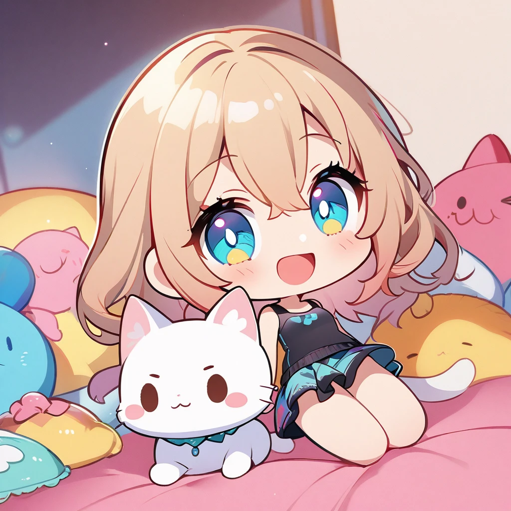 masterpiece、Highest quality、Depth of subject、((2D illustration))、1 beautiful girl、((colorful))、(((chibi style)))、((Long, beautiful hair))、Light brown hair、hair between eyes、cute、Beautifully detailed eyes、Tank top、((mini skirt))、(((vivid color))、((bed))、((full body shot))、((Very happy face))、((kitten))、stuffed toy、((There's a lot of pink around))、((Lens flare))、White light is shining、My whole body was filled with light