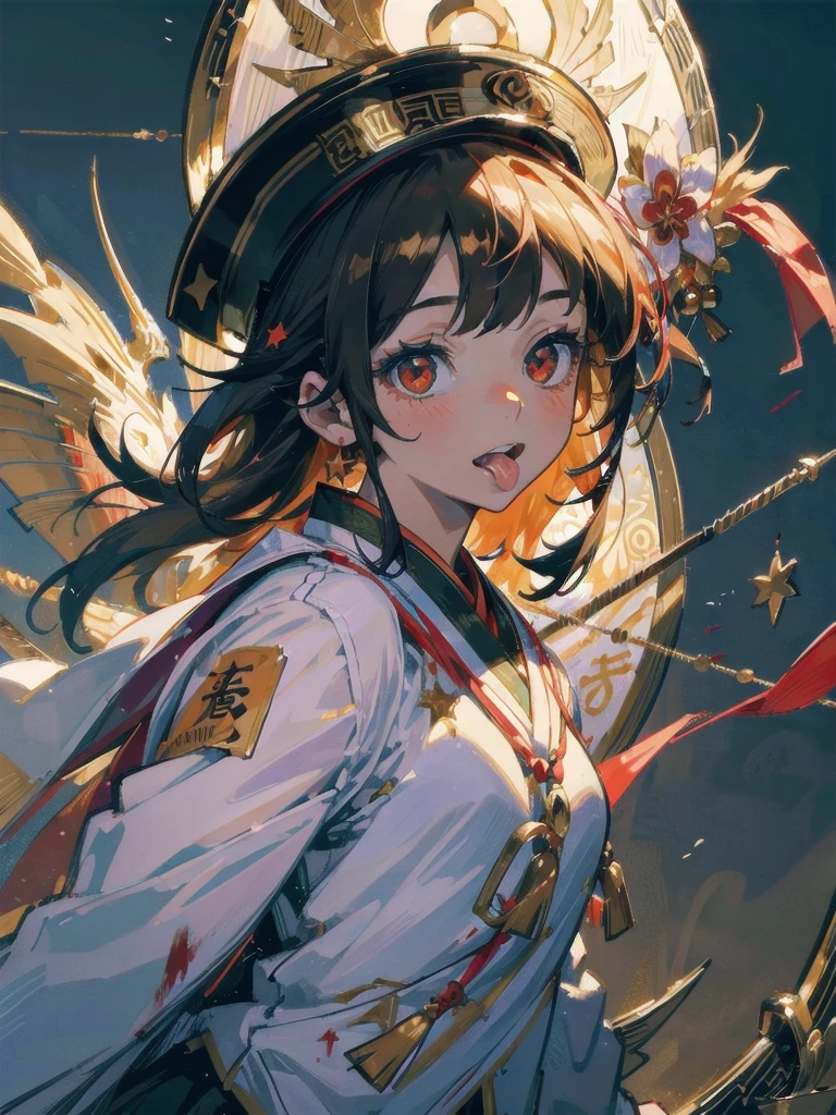 best quality,highly detailed, ultra-detailed, masterpiece, 8k wallpaper,(chirmeral:1.7), ,realistic,  (dramatic angle:1.3),  (dynamic angle:1.3),  
solo, hat, 1girl, star (symbol), hat ornament, red eyes, ofuda, star hat ornament, looking at viewer, upper body, bangs, jiangshi, blood, blood on face, tongue, chinese clothes, ribbon, tongue out, long hair, shirt, medium hair, flower