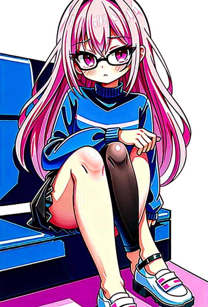 pink hair black glasses pink eyes extremely blushing a big pink sweater short black skirt black stockings white tennis shoes that is a reserved girl that is pouting