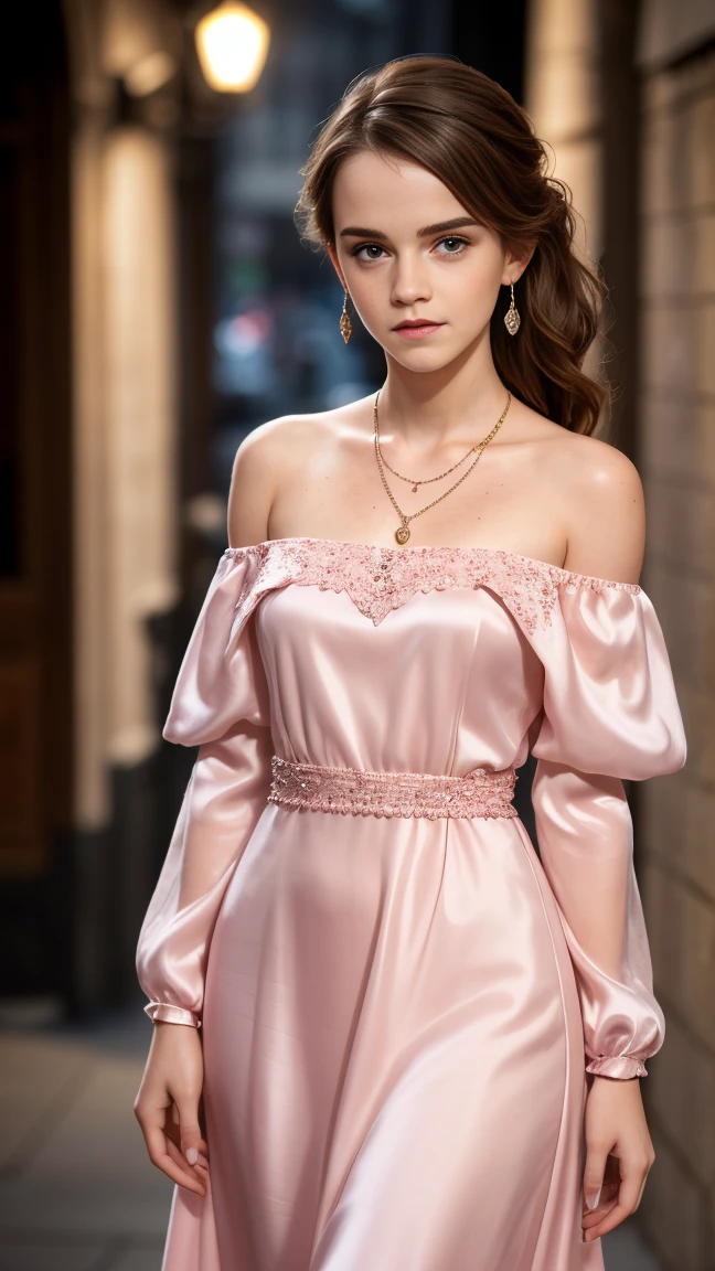 Emma Watson, ((25 years old woman)), (freckles on both cheeks), (long hair, dark-brown hair), brown eyes, hyperdetailed upper body photography, (looking to the camera, very accurate photo, full body shot), detailed face, photorealistic face, photorealistic, (wearing an off-the-shoulder elegant pink silk long dress),necklace and earrings, colorful lights, little smile,perfect legs