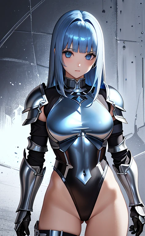 (close to viewer:1.5)、(masterpiece:1.5、Photorealistic:1.4,anime coloring:1.4、high resolution:1.4)、,(spot light:1.2、Exquisite beautiful eye:1.5,)、(stand:1.5)、()、(upper body:1.5)、
(kind eyes、tareme:1.4),()、(Cute Face)、(blue hair:1.5)、(middle hair:1.5),(sidelock :1.6),(blunt bangs:1.3),(1 girl)、(blue eyes:1.2)、(clear face:1.5),()、(solo)、(chromium　metal black :1.5) ,(Abdominal muscles),(large breasts),(),(leotard armor:1.5),(Leg guard)、()、()、Slim Body(),Shiny Hair、
