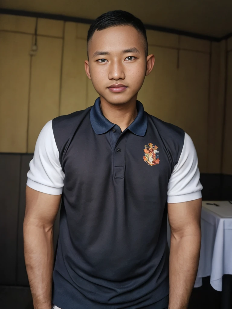 Masterpiece, best quality High resolution, realistic, handsome, beautifully photographed, syahnk SFW, 35 year old portrait. (man: 1.2) Military press, amazing weight, short buzzcut hair, stubby head. , (too much muscle ),look at the viewer,Flirting with the camera,charming,(Tight polo shirt ),(GS-Masculine:1), 8K UHD , Restaurant