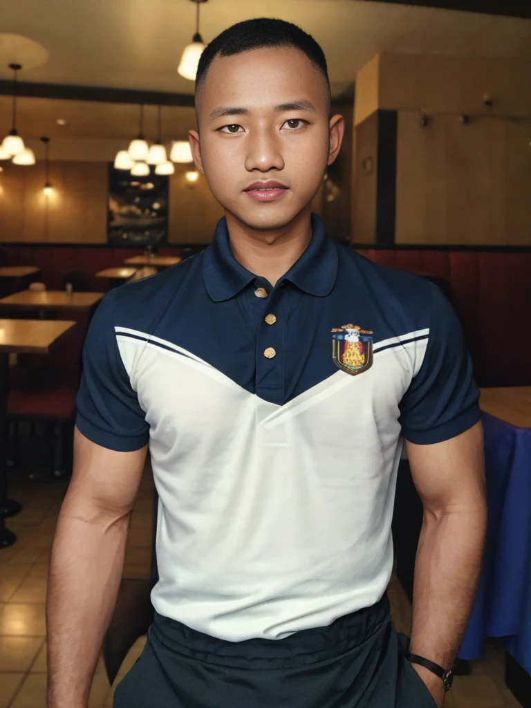 Masterpiece, best quality High resolution, realistic, handsome, beautifully photographed, syahnk SFW, 35 year old portrait. (man: 1.2) Military press, amazing weight, short buzzcut hair, stubby head. , (too much muscle ),look at the viewer,Flirting with the camera,charming,(Tight polo shirt ),(GS-Masculine:1), 8K  UHD , Restaurant
