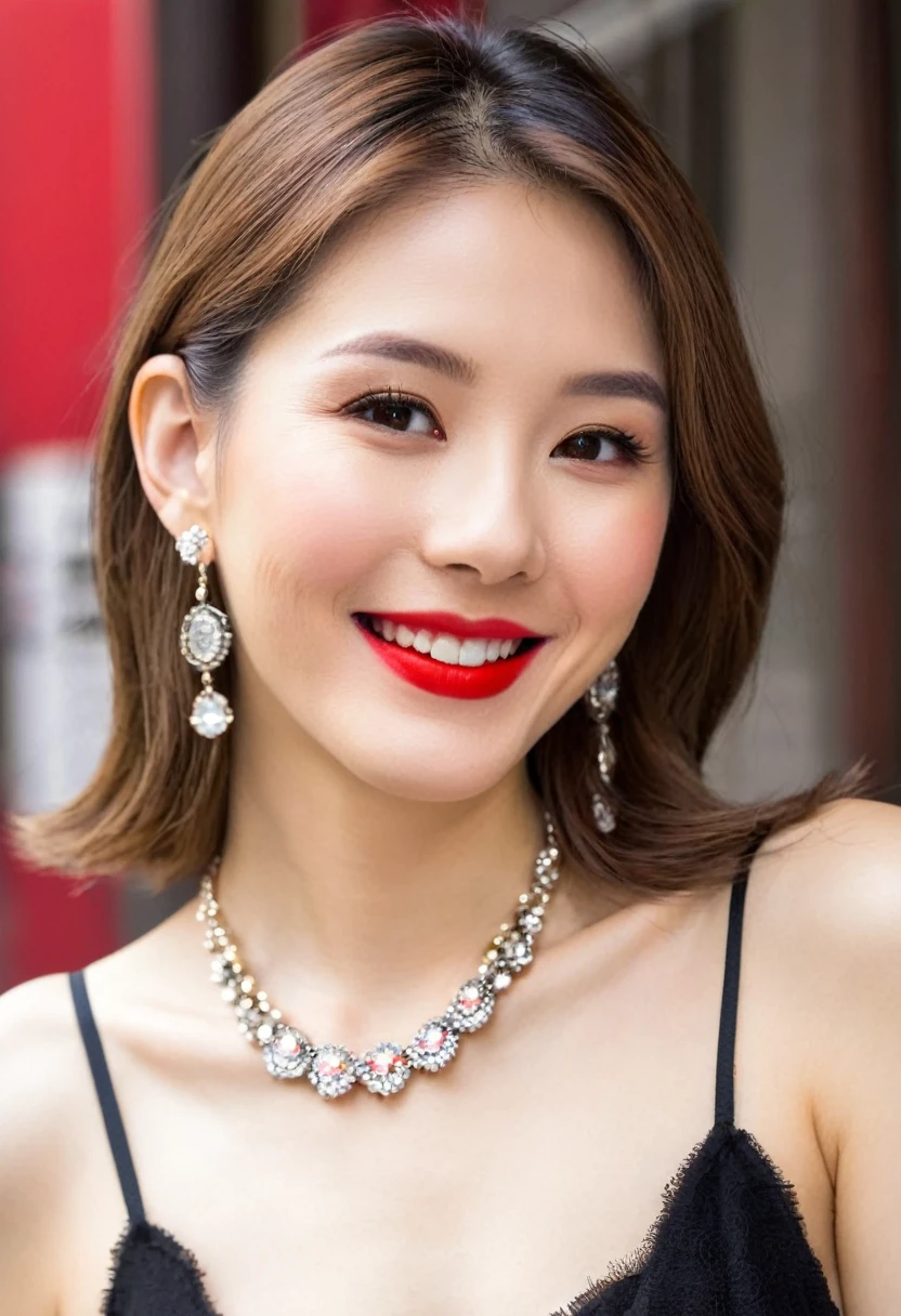 Asia A little brown hair Earrings necklace smile Tokyo Beauty Red lipstick
