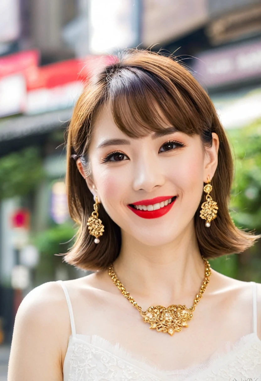 Asia A little brown hair Earrings necklace smile Tokyo Beauty Red lipstick