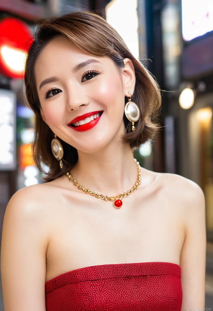 Asia　A little brown hair　Earrings　necklace　smile　Tokyo　Beauty　Red lipstick　