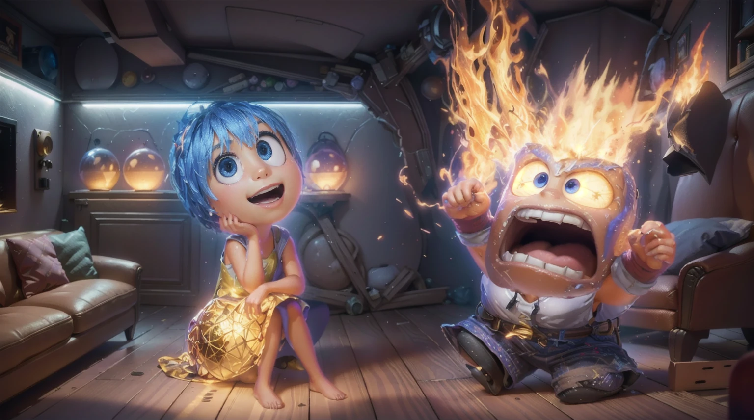  the image shows a room with no ceiling, with character Joy from Inside Out and Anger, a sofa and an armchair in the center of the room,with the colorful balls on shelves, the walls on the right side are destroyed and burning with fire, smooth 3d model, glossy plastic texture, multiple light sources, rim light, sharp post effects render, most beautiful vfx, , realistic, 4k, high resolution, rim light, smooth 3d model. ,  glossy texture, smooth 3d model, multiple light sources, rim light, sharp post effects render, (glossy plastic texture with multiple big light probe refractions), perfect cgi,   reflective, best quality, 4k, masterpiece:1.2, ultra-detailed, realistic, vivid colors, The image of the highest quality, ensuring every detail showcased perfectly. It in 4k resolution, allowing viewers to immerse themselves in the richness of the colors and intricate details. The realistic rendering. under the spotlight, reflecting, high-resolution image, realistic rendering