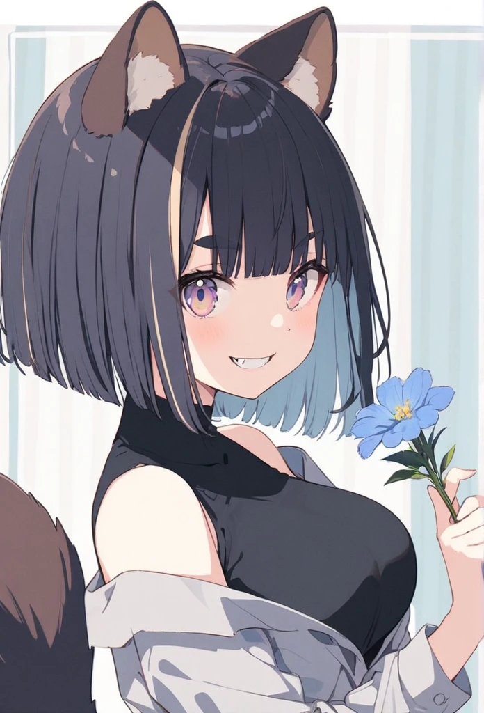 anime,(pale colors:1.8),long shot, 1girl, (on right:1.3), solo, cat mouth, dynamic angle, holding flower, pointing, grin, smile, fang, blue hair, bobcut, straight hair, racoon ears, racoon tail, (brown streaked hair:1.3), (blunt bangs) ,thick eyebrows, big breast, off shoulder clothes, cutout, striped background, shadow,