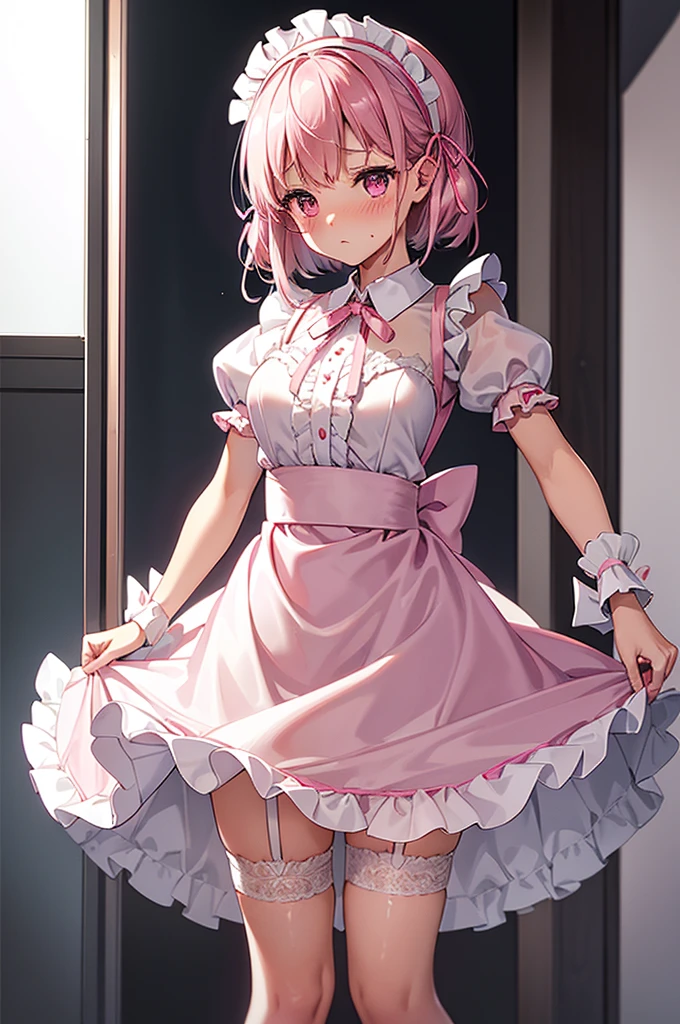 Highest quality、Shiny silk short sleeve puff sleeve pink maid outfit、transparent、Very short skirt、Giant ribbon、A short white ruffled apron、Garter belt with ribbon、Pink high heels with ribbon、Large headband with ribbon、Flushed Cheeks、Embarrassed look、Pure white underwear、Soaking wet、storm、Stand on a chair and stretch、Looking up from directly below