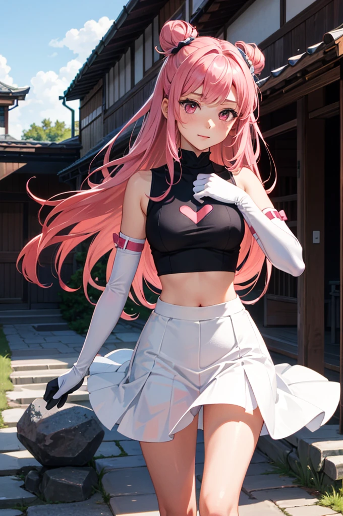 Dream life masterpiece, 1girl, ibaraki_douji, hair bun, sash, double bun very long hair, pink hair, japanese clothes, white skirt, black gloves, elbow gloves, midriff, crop top, gradient hair, outdoors, village, stone path, 