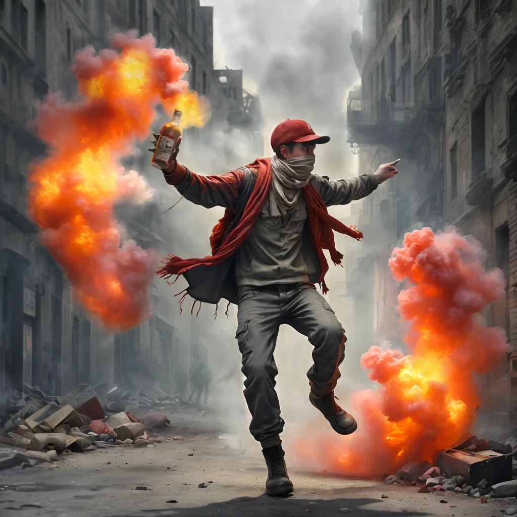 (very sharp result) (dramatic desaturated photo) (((textile shading))), (((Best Quality))), (((masterpiece))), (((hyper realistic photo))) on war situation (dramatic candid photography) contrast backlight shade lighting treatment: (iconic banksy pose) dramatic shade of a boy with cap & & arabian motif scarf cover his face ready to throw a molotov cocktail bomb on riot situation, full smoke, red mood lighting, light source from the molotov fire, shot by hasselblad with medium lens, UHD 4k.