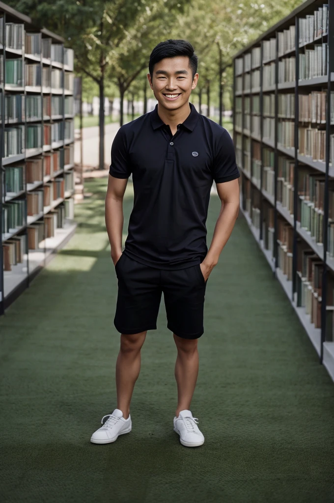 young asian man in a black polo shirt standing on the grass with a smiling face, looking into the distance Turn your head slightly.,(library:1.5)