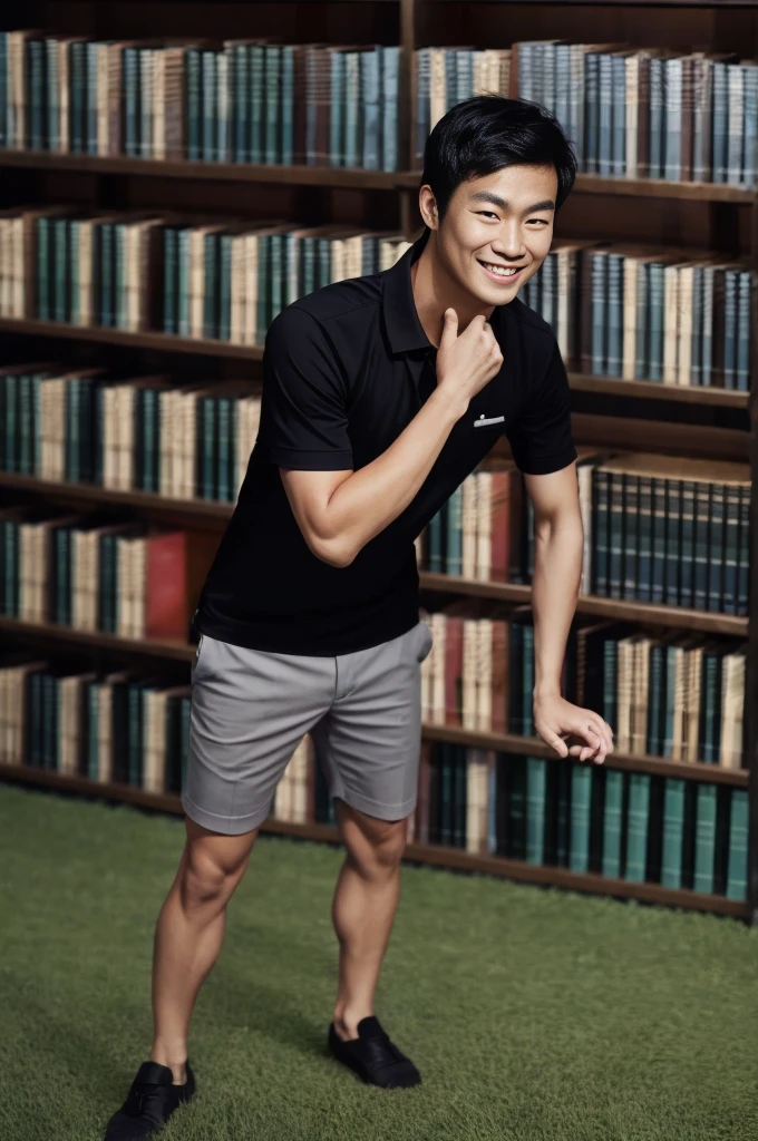 young asian man in a black polo shirt standing on the grass with a smiling face, looking into the distance Turn your head slightly.,(library:1.5)