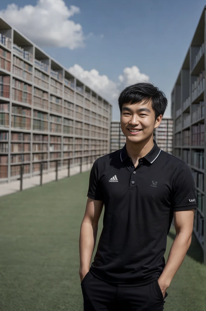 young asian man in a black polo shirt standing on the grass with a smiling face, looking into the distance Turn your head slightly.，(library:1.5)