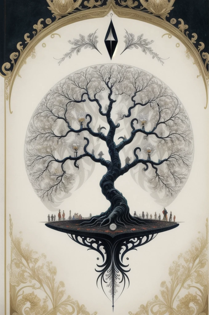Nordic tree-shaped solitaire，Flat style， abstract artistic，Graphic design，symmetry, Math, Renaissance, Oil painting, 2D canvas, highly detailed, complex, Classic paint, Black monochrome, crystals, opulent, lap, gothic ornament, Graphic design
