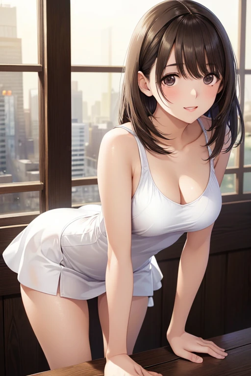 anegasaki nene、Shiny brown hair, short hair, Beautiful brown eyes、smile、Sparkling eyes, (Fine grain)、Ultra-detailed eyes、Highly detailed face, Highly detailed eyes,


(masterpiece:1.2, Highest quality), (Realistic, photoRealistic:1.4), Beautiful illustrations, (Natural Side Lighting, Cinema Lighting),  


1 Girl, Japanese, Perfect Face, , Shiny skin, 
(Long Hair:1.8, Straight hair:1.7, Brown Hair), 
Beautiful Hair, Beautiful Face, Beautiful and beautiful eyes, Beautiful clavicle, Beautiful body, Beautiful breasts, Beautiful thighs, Beautiful legs, 
((White tight dress)), Pink Panties, 
(Beautiful views),  In the city、Leaning forward, 
