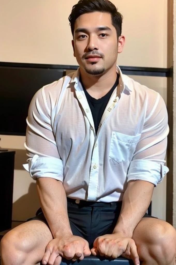 masterpiece, best quality, high resolution, realistic, handsome, photogenic, syahnk, SFW, a photo of a 35 year old frat (man:1.2) portrait, , military press, weights, stunning , short buzzcut hair,stubble head , (hypermuscle),looking at the viewer, flirting with the camera, charming, (tight white shirt ),(GS-Masculine:1), 8K UHD , ยืนในห้องอาหาร, (fullbody:1.5)